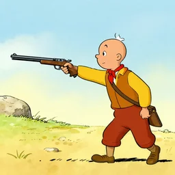 lucky luke, shooting with a gun, tintin, in the style of morris and rene goscinny