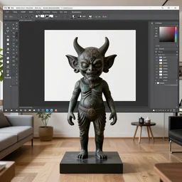 A photograph by Juergen Teller of a demonic sculpture by Tadanori Yokoo in a living room by Mariko Mori, XF IQ4, 150MP, 50mm, f/1.4, ISO 200, 1/160s, natural light, Adobe Photoshop, Adobe Lightroom, DxO Photolab, Corel PaintShop Pro, rule of thirds