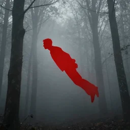 a red silhouette of a man flying in a grey forest, eerie, craig mullins