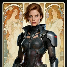 woman wearing cyberpunk clothing in a sci - fi city, high detail, crisp shading, in the style of andree wallin and alphonse mucha and lisa frank, face portrait