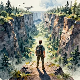 pov shot, standing on a cliff and looking into a huge canyon filled with beautiful forest, game ark survival evolved style, watercolor, highly detailed, high contrast, a t-rex in the distance
