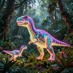 spectral neon glowing holographic dinosaur holograms, foggy jungle in the background, vibrant fantasy concept art by greg rutkowski