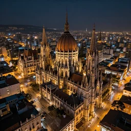 fictional city in south america with gothic architecture at night, very details, photorealistic