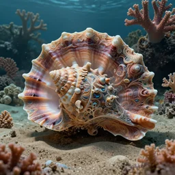 sea shell under the sea, corals, sand, volumetric light, dramatic, wide angle, intricate, ornate, digital art, 4 k, artistic beautifully, by jim burns and greg rutkowski, john atkinson grimshaw