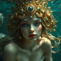 portrait of beautiful mermaid underwater by irakli nadar with intricate detailed ornate headdress made of gold and gems stones, haunting, elite, elegant, melting wax, mycelia, abstract impressionism, ruan jia, dark fantasy, hyper detailed, concept art, by gustav klimt,
