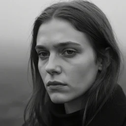award winning photo of some melancholy as antonioni would depict it, she is 2 3, she is beautiful, british journal of photography, photorealistic, closeup, black and white, insanely detailed, facial features details, foggy like in norwegian black metal aesthetic