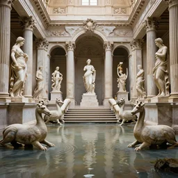 photo piranessi symmetry flooded connected neoclassic halls and beautiful human statues myriad of huge marble staircases minotaur gods pelicans helenistic classic statues sculptures decrepit derelict abandoned flooded water damage - t
