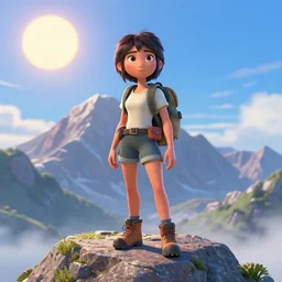a disney pixar 3 d film animation still portrait of a 1 9 5 0's adventurer hiker girl atop a big mountain, finely detailed features, water, sun, gapmoe yandere grimdark, trending on pixiv fanbox, painted by greg rutkowski makoto shinkai takashi takeuchi studio ghibli, pixar, 3 d. octane
