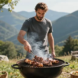 francesco totti grilling meat in a barbecue outside, sunlight, natural lighting, nature, mountain, barbecue, professional photography, 5 0 mm