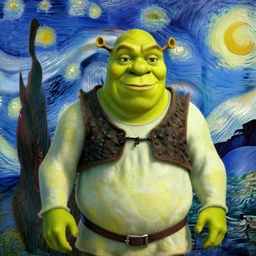 shrek in the style of vincent van vogh's starry night