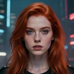 cinematic portrait of a stylish redhead girl, cyberpunk city background, full face portrait, centered, symmetrical face, atmospheric lighting, intricate, volumetric lighting, cyberpunk, concept art, sharp focus, ultra detailed, concept art by marc simonetti and dan mumford. featured on artstation