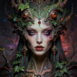 single face portrait. complex hyper-maximalist overdetailed cinematic cosmic scifi portrait of an elegant very attractive but wild and dangerous reptilian goddess by andrei riabovitchev, tomasz alen kopera, oleksandra shchaslyva. Omnious intricate. Secessionist portrait illustration. Poison goddes. Slightly Reminds to poison ivy. Focus on face. Artstation. Deviantart. 8k 4k 64megapixel. Rendered by binx.ly.