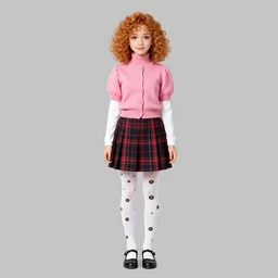 haru has chin - length curly light auburn hair and brown eyes. she wears a pink turtleneck cardigan with short puffed sleeves and a long - sleeved white shirt underneath. she wears the standard black and red tartan skirt, white tights with a black flower pattern and black mary jane shoes. character concept art, digital art