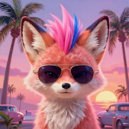 fennec fox, pink and blue mohawk hairstyle, pink, palm trees, furry, cute, smug facial expression, disney zootopia, zootopia, concept art, aviator sunglasses, smug expression, synthwave style, artstation, detailed, award winning, dramatic lighting, miami vice, oil on canvas, vibes, GTA, sunset