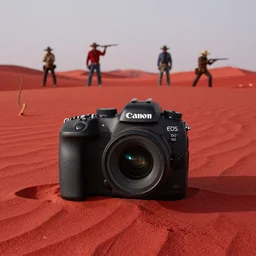 Wild West, red sand, tumbleweed, gunslingers, Canon EOS R3, f/1.4, ISO 200, 1/160s, 8K, RAW, unedited, symmetrical balance, in-frame