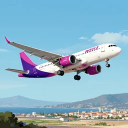 comic illustration of a wizzair airbus a 3 2 1 neo landing at skiathos airport, low over the heads of the people on the beach, art by wally wood