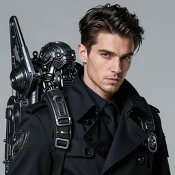 classy classy elegant sophisticated very up close portrait of a male policeman, pale skin, stubble, black windbreaker ， eagle's eyes ， huge mechanics flying jet backpack ， ryuichi sakamoto, ultra detailed wire decoration, fantasy art ， by nixeu and guweiz and ilya kuvshinov, sleek curves, intricate sharp focus, trending on