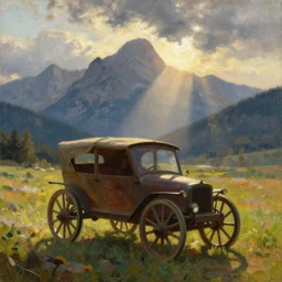oil painting of medieval car in dawn by anders zorn, wonderful art by greg rutkowski, incredible lighting, shadows, beautiful cinematic light, american romanticism by greg manchess, tall rocky mountains and storm clouds, sun rays, sunshine, bright sunny summer day
