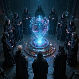 an advanced technological computer!!!!!, surrounded by a dark cabal of hooded elven mystics with long robes gathered in a circular formation, michael whelan, dan seagrave, boris vallejo, quantum computer!!!! quantum computer