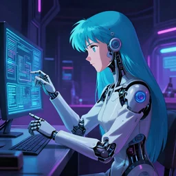 cybernetic late 8 0's utopian anime movie still : : dieselpunk art : : long cyan haired synthetoid android science girl researcher : : somber far future neon lab background interior : : watching cyber board