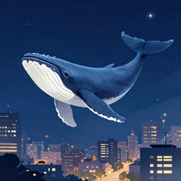 illustration of a whale flying over a city at night