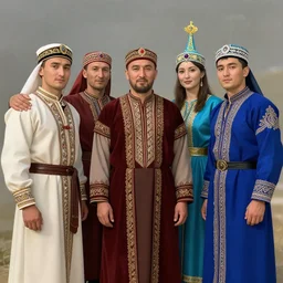 greek, russian, latvian, kazakh, nogay stand in an embrace digital art, 8 k, character, realism, anime, portrait