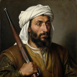 portrait of bedouin man with rifle, beard, oil painting by jan van eyck, northern renaissance art, oil on canvas, wet - on - wet technique, realistic, expressive emotions, intricate textures, illusionistic detail,