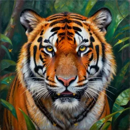 intricate five star tiger in the jungle by casey weldon, oil on canvas, hdr, high detail, photo realistic, hyperrealism, matte finish, high contrast, 3 d depth, centered, masterpiece, vivid and vibrant colors, enhanced light effect, enhanced eye detail, artstationhd