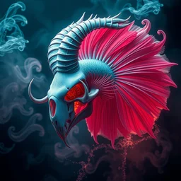 minimalistic 3 d close - up swirly skull giant gladiola betta fish!! ram skull jellyfish phoenix with nautilus surrounded by smoke and water fire energy flow, highly detailed. octane render, excellent composition, by wlop, tooth wu, greg rutkowski, alena aenami, beeple
