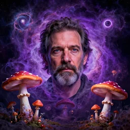 terrance mckenna protrait in a nebula with fractals and mushrooms, vivid psychadelic colorful purple, 8 k, high deatil, artstationhd, smoke mirrors