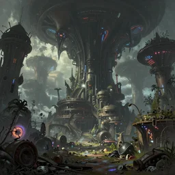 beautiful low angle painting of an alien world with beautiful buildings and nature, steampunk, junk on the ground, neon lights,, moody atmosphere, epic composition, dramatic lighting, trending on artstation, octane render, by robert zemeckis