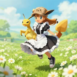 female butterfree pokemon like a mantis in a floe - style maid dress floating over a field of daisies wearing converse shoes and a beaverskin hat, digital illustration by ruan jia on artstation