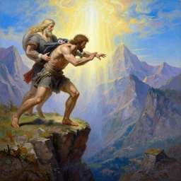 an amazing realistic painting of cain pushing abel from the edge of a cliff with a divine light in the sky, majestic mountains in the background, very detailed, painting by jeremy lipkin, beautiful art, smooth, elegant, intricate, vibrant, colorful
