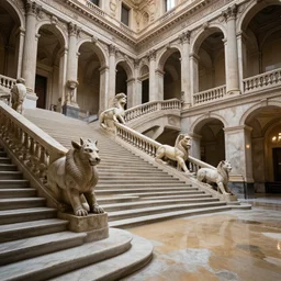photo of flooded infinite classic halls with many huge marble staircases minotaur classic statues sculptures decrepit derelict abandoned piranessi