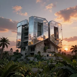 brutalist architecture, surrounded by lush green vegetation, stunning volumetric lighting, sunset, metal, concrete, translucent material, stunning skies, 8k, photorealistic, hyper detailed, unreal engine 5, IMAX quality, cinematic, epic lighting, digital painting in the style of DOOM and Quake, by Greg Rutkowski, trending on Artstation