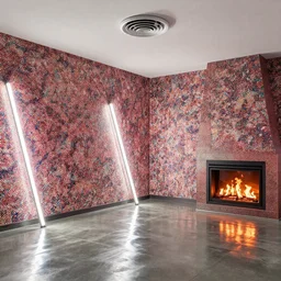 colour 3 5 mm, big open shiny concrete floor, ceiling ventilation drum, architectural digest, wide shot, fine art wallpapers, big white neon sticks, fire place