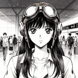 a full body manga portrait of aviator disney style girl, finely detailed features, closeup at the faces, perfect art, in the airport yard, gapmoe yandere grimdark, trending on pixiv fanbox, painted by greg rutkowski makoto shinkai takashi takeuchi studio ghibli, manga ink style