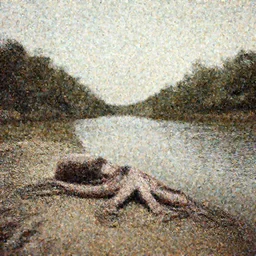 wide angle river, low angle panorama scary unproportionable dead body of octopus on side of the tribal river, 1900s picture