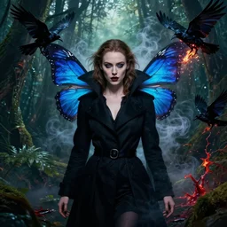 hyperrealistic portrait of amber heard as a vampire witch in a black coat, sapphire butterflies wings mystic fog smoke, bleeding jungle swamp, exploding ravens disintegration. by jeremy mann and alphonse mucha, bouguereau, alma tadema, fantasy art, photo realistic, dynamic lighting, artstation, poster, volumetric lighting, very detailed faces, 4 k, award winning