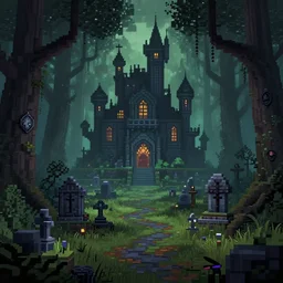 cyberpunk, haunted forest graveyard with spooky castle and graveyard, extremely detailed, pixel art, soft light, fantasy, digital painting, art station, fine details, style by minecraft