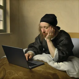 a podcaster bored and browsing the internet on their laptop in their bedroom, painted by jan van eyck,