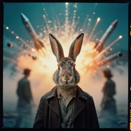kodak portra 4 0 0, wetplate, teal and orange colours, bunny head, the walking dead, 1 9 1 0 s style, motion blur, portrait photo of a backdrop, explosions, rockets, bombs, sparkling, fog, by georges melies and by britt marling