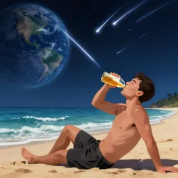 man on beach drinking a beer while meteors are heading towards earth, digital art,