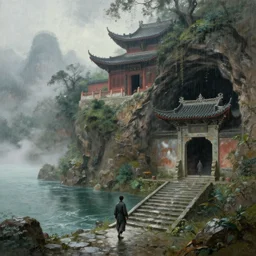 a gorgeous landscape painting by barlowe wayne, maxfield parrish and marco mazzoni. chinese temple. rainy mood!! a lonely chinese ranger walks on the winding stone steps, stone gate to the dark cave, 3 d, octane render, turbulent lake, fog, 8 k.