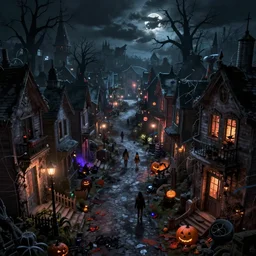 dark fantasy concept art of a neighbor hood view at night of a Halloween decorated street, dynamic lighting, photorealistic, cinematic, ultra detailed, trending on art station, creepy, lonely vibe, stunning visuals, extreme detail, eery vibe