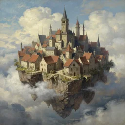 medieval town floating in the sky over the clouds, concept art, oil painting, heartstone, art by artgerm and greg rutkowski and marc simonetti