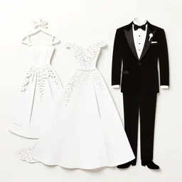 a papier collé of wedding dresses and tuxedos