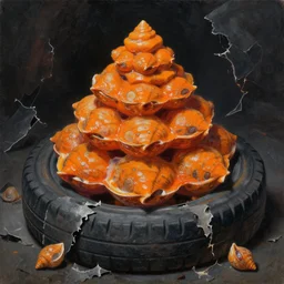 oil painting of orange tiered decagon pressed mollusk in torn & shredded tire pile baked at 4 5 0 f, claustrophobic, by h r giger & wayne d barlowe 6 0 0 f