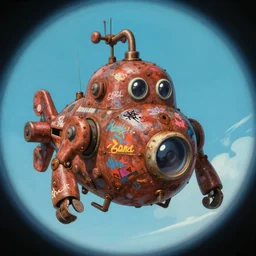 memorable animation key shot, fish eye lens, the rusty robot submarine schwerer gustav!!!! covered in grafitti, studio ghibli, pixar, disney concept art watercolor illustration by craig mullins, dean cornwell, nc wyeth, satoshi kon!