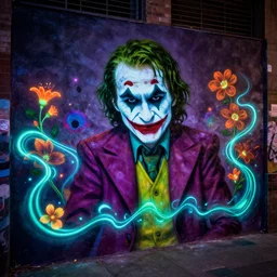 florescent glowwave graffiti of the joker on a street wall, glow wave